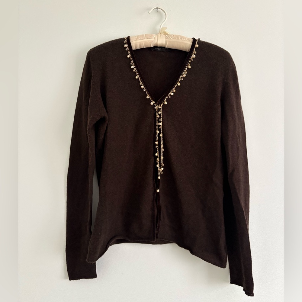 Bruno Manetti Brown Cashmere Beaded Accent Cardigan Made in Italy